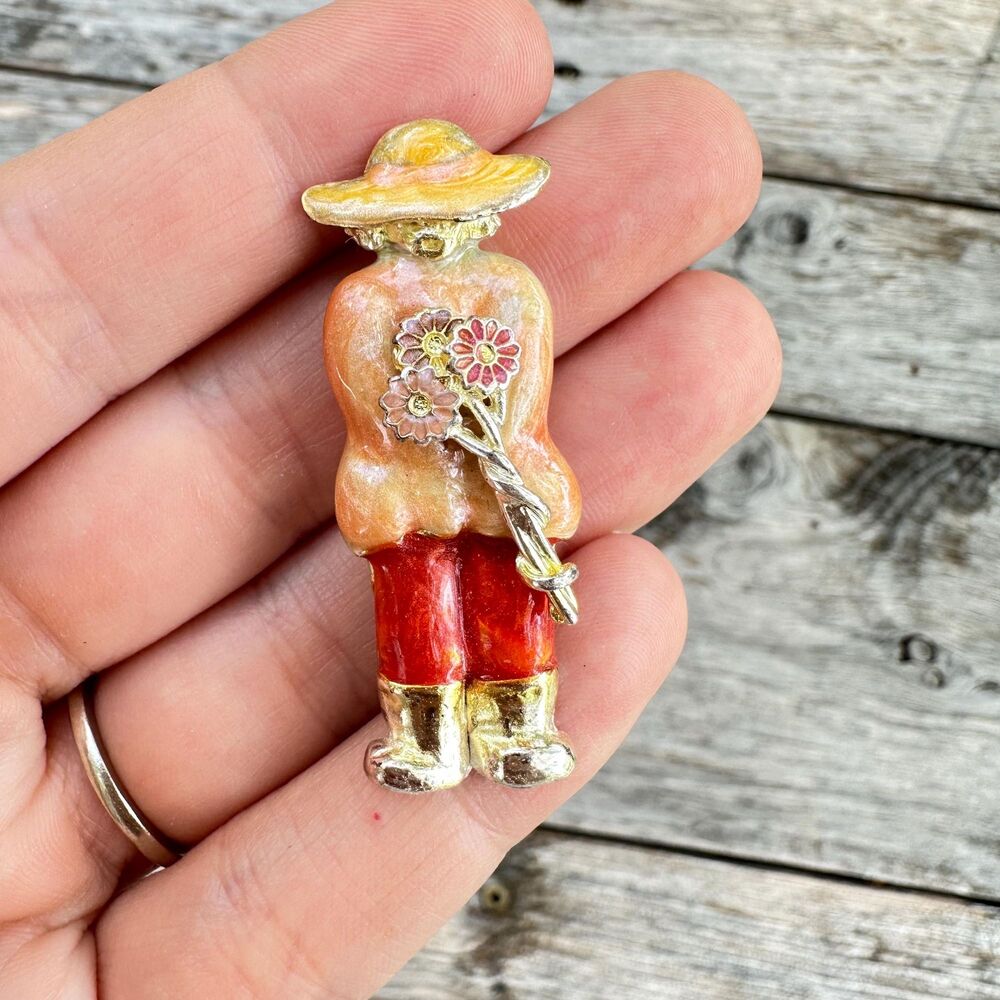 Vintage Jewelry Gardener Brooch Lady with Flowers Pin